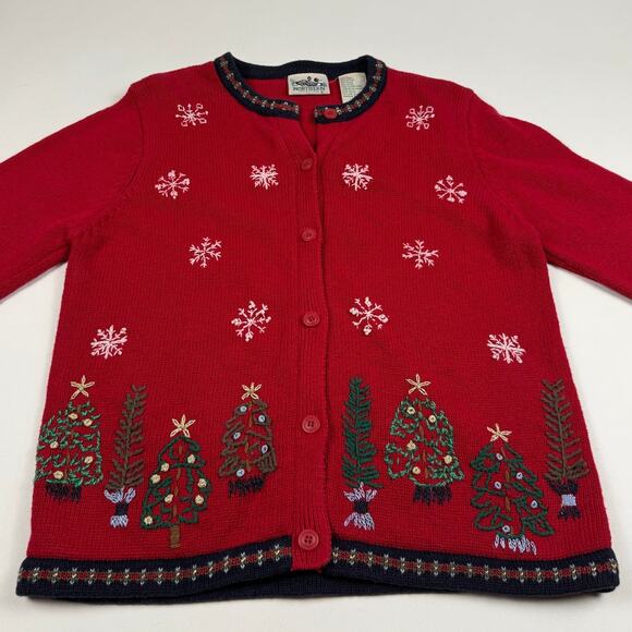 Vintage Christmas Tree Snowflake Winter Cute Grandma Red Button Sweater Small - Picture 4 of 8